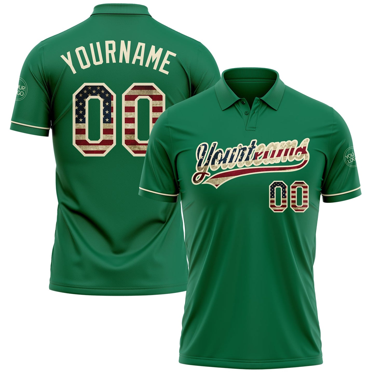 Custom Kelly Green Vintage USA Flag-Cream Performance Vapor Golf Polo Shirt - Main View