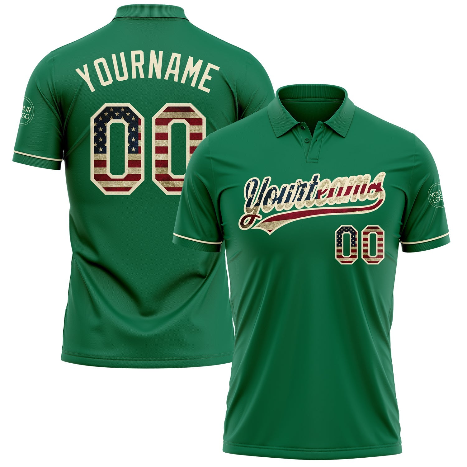 Custom Kelly Green Vintage USA Flag-Cream Performance Vapor Golf Polo Shirt - Main View