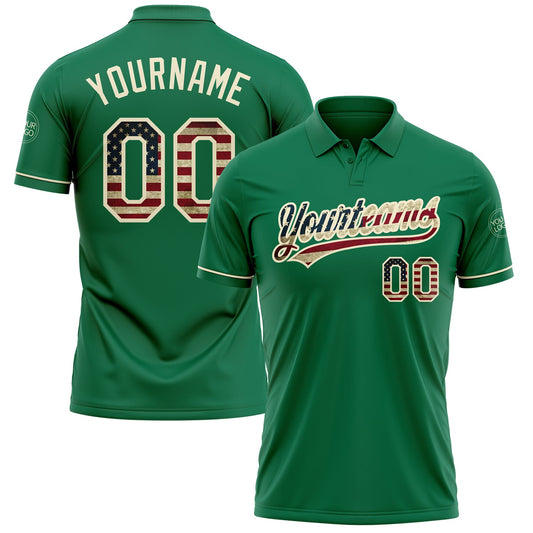Custom Kelly Green Vintage USA Flag-Cream Performance Vapor Golf Polo Shirt - Main View
