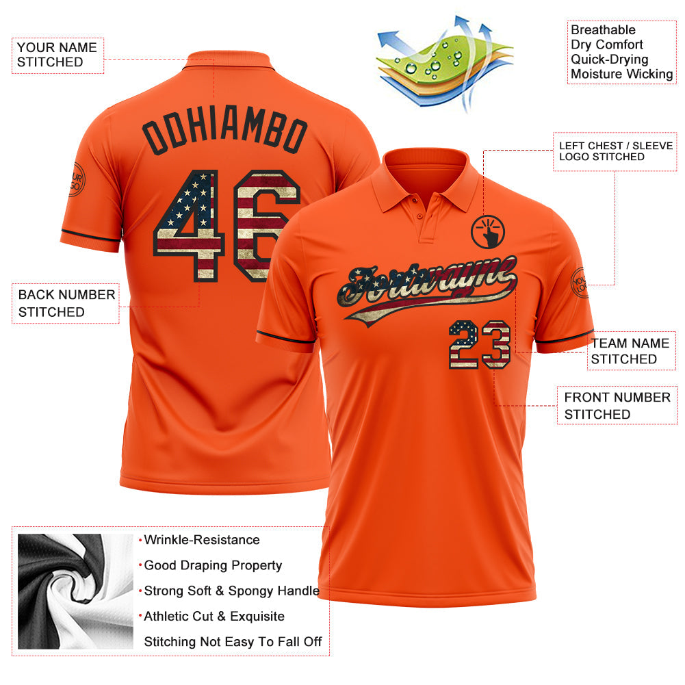Custom Orange Vintage USA Flag-Black Performance Vapor Golf Polo Shirt view 3