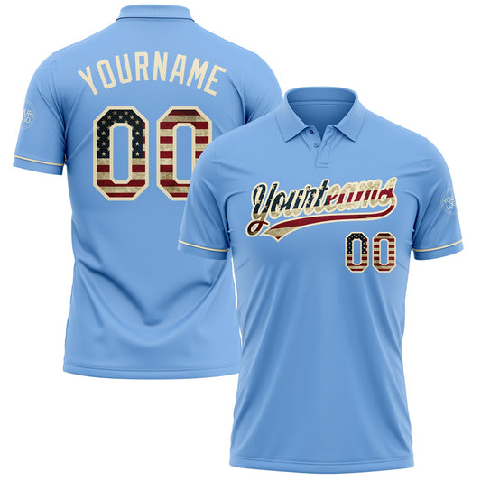 Custom Light Blue Vintage USA Flag-Cream Performance Vapor Golf Polo Shirt - Main View