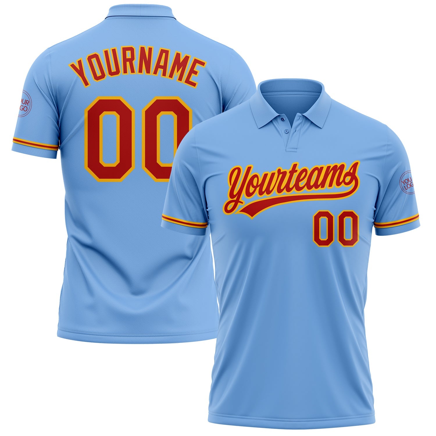 Custom Light Blue Red-Gold Performance Vapor Golf Polo Shirt - Main View