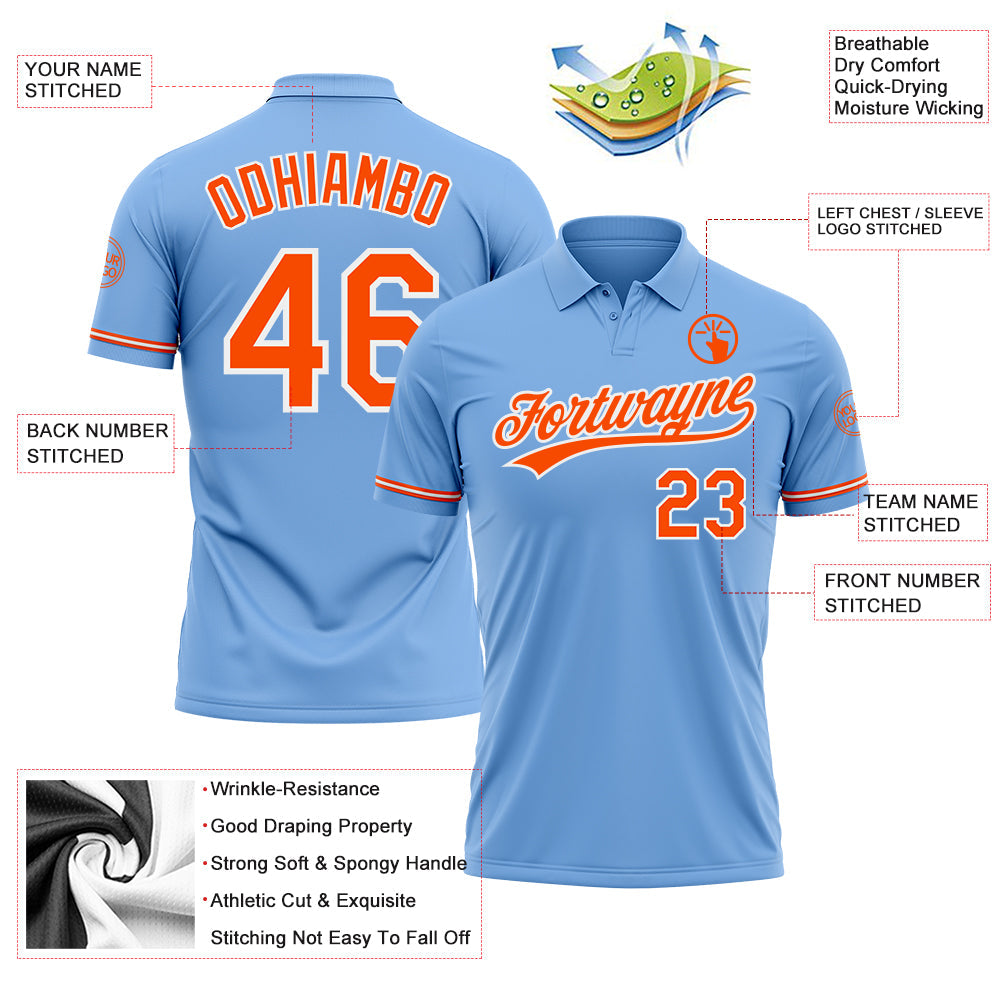 Custom Light Blue Orange-White Performance Vapor Golf Polo Shirt view 3
