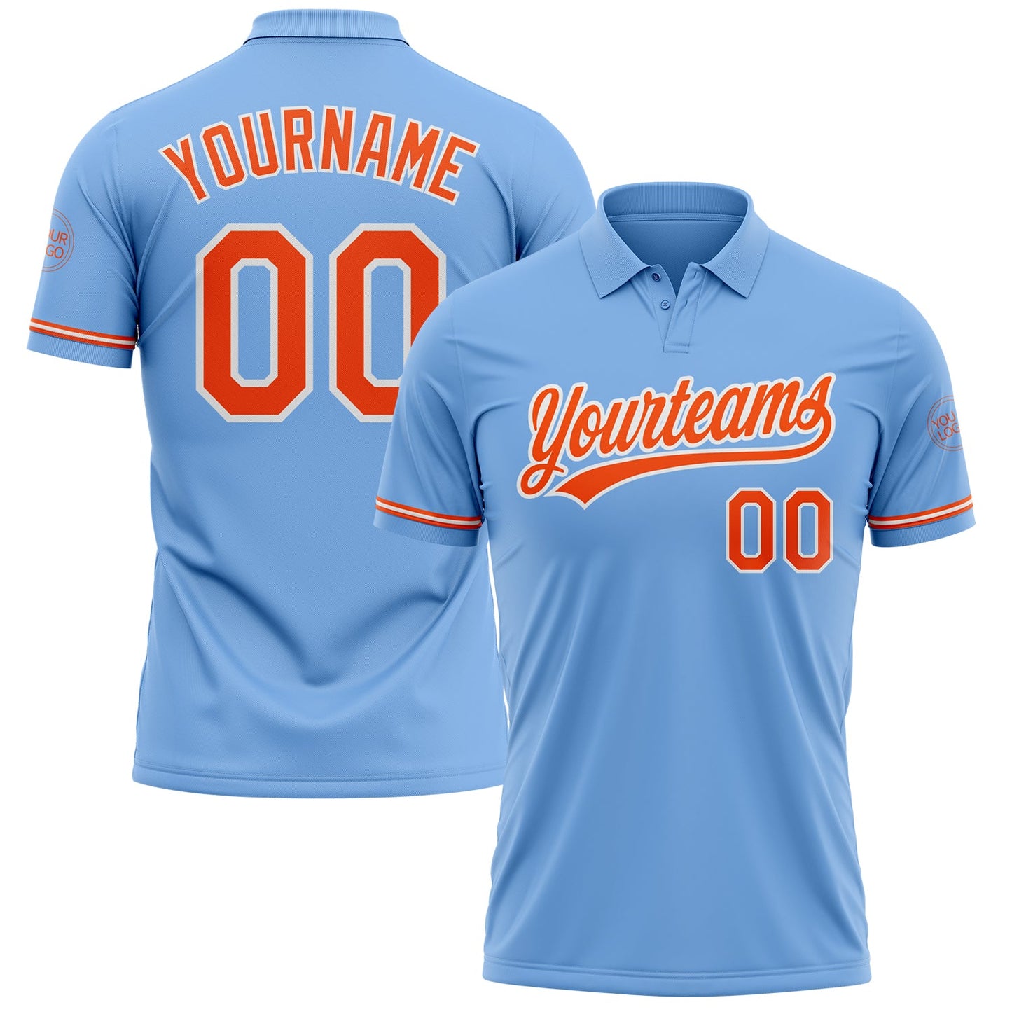 Custom Light Blue Orange-White Performance Vapor Golf Polo Shirt - Main View