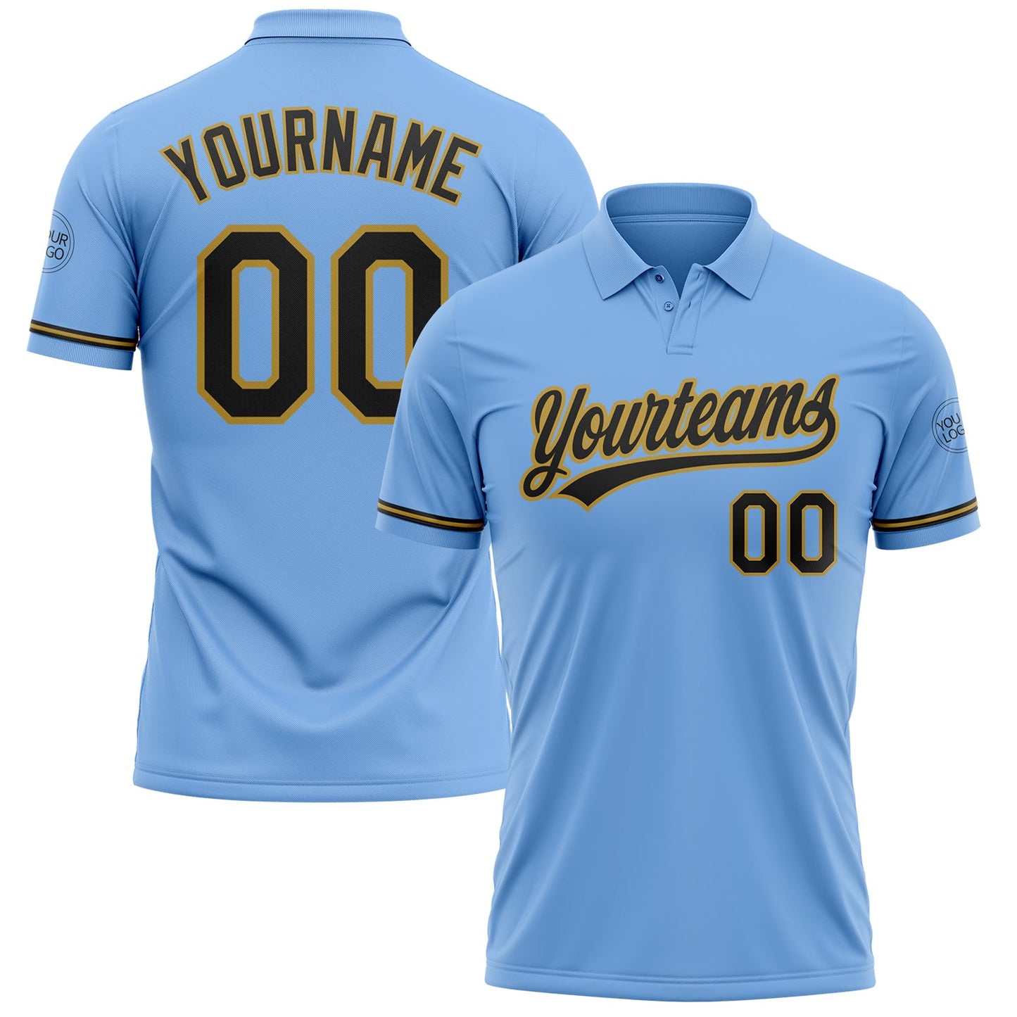 Custom Light Blue Black-Old Gold Performance Vapor Golf Polo Shirt - Main View