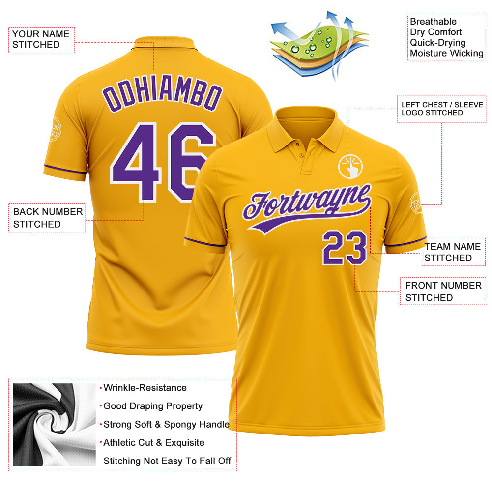 Custom Gold Purple-White Performance Vapor Golf Polo Shirt view 3