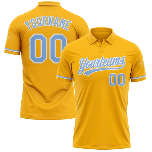 Custom Gold Light Blue-White Performance Vapor Golf Polo Shirt - Main View