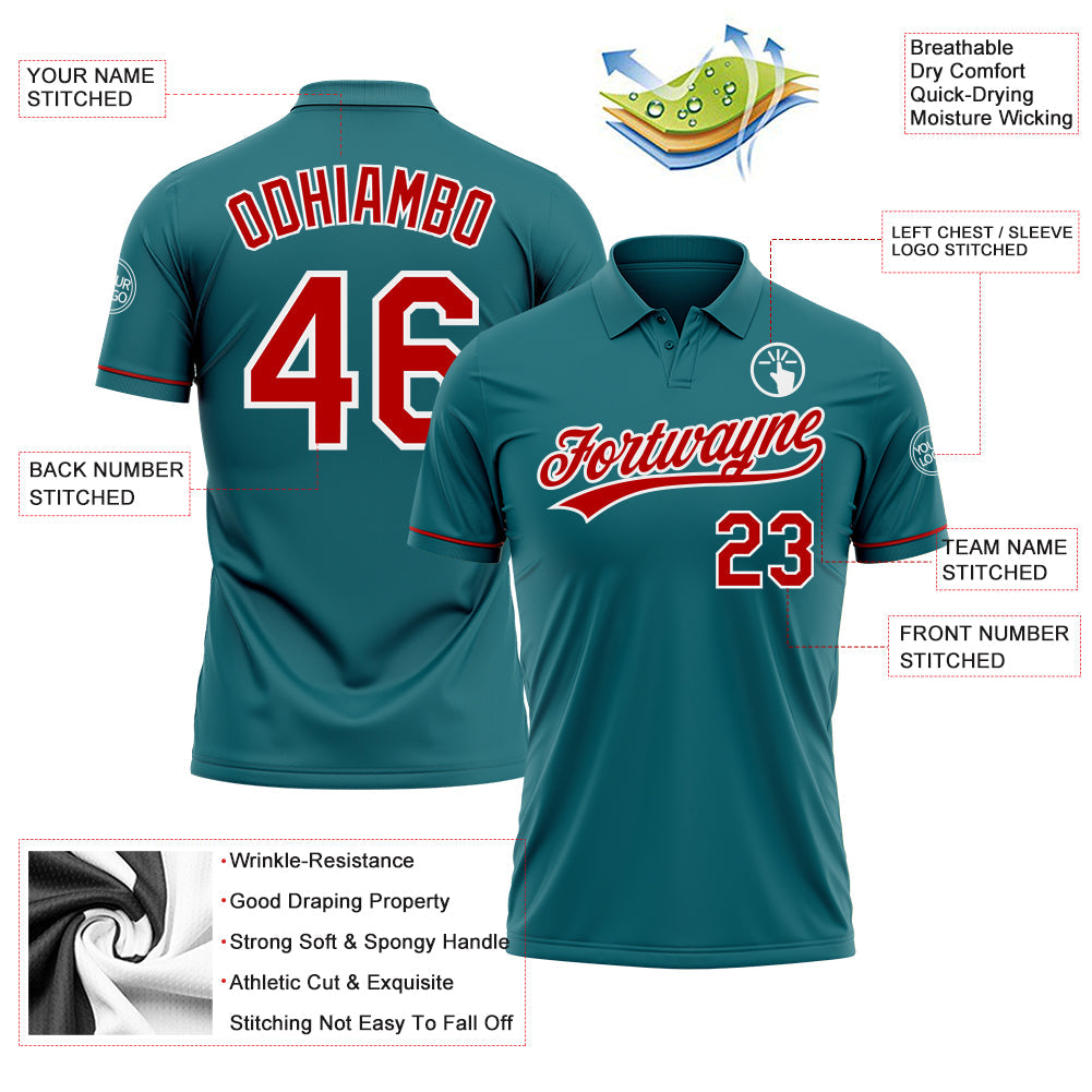 Custom Teal Red-White Performance Vapor Golf Polo Shirt view 3