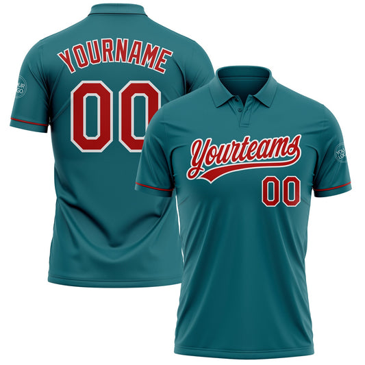 Custom Teal Red-White Performance Vapor Golf Polo Shirt - Main View