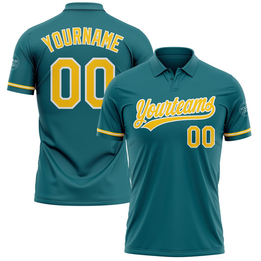 Custom Teal Yellow-White Performance Vapor Golf Polo Shirt - Main View