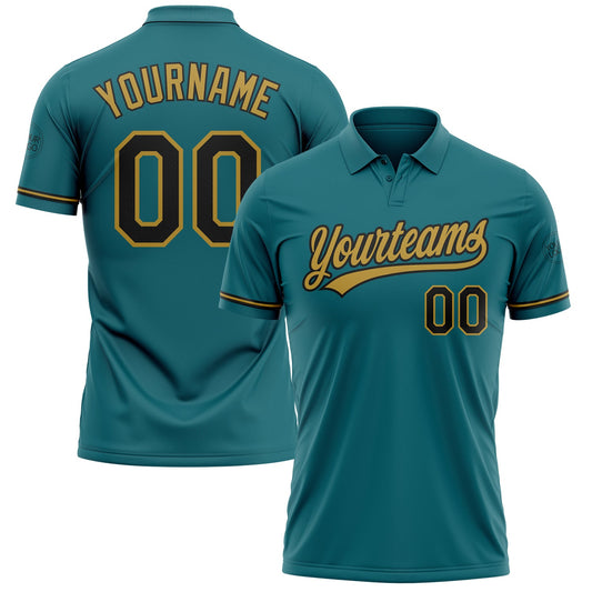 Custom Teal Black-Old Gold Performance Vapor Golf Polo Shirt - Main View
