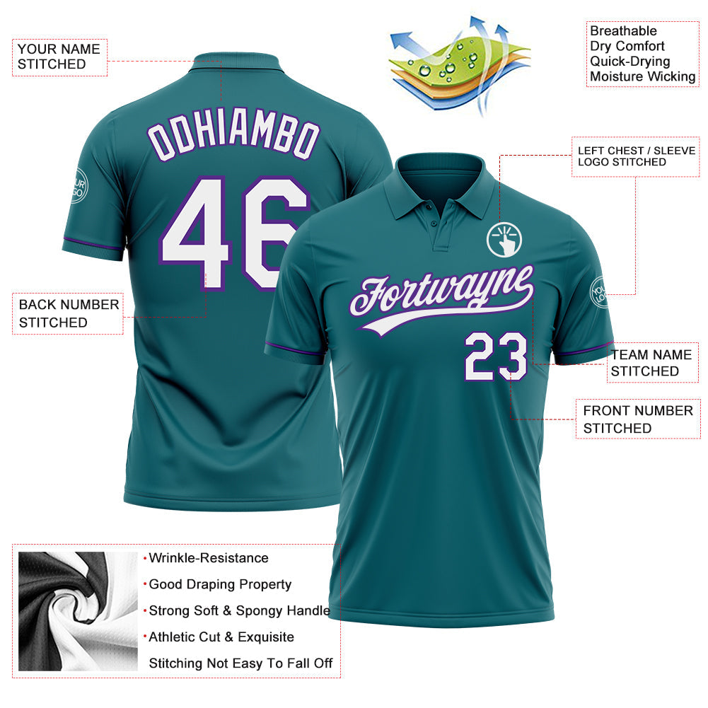 Custom Teal White-Purple Performance Vapor Golf Polo Shirt view 3