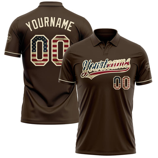 Custom Brown Vintage USA Flag-Cream Performance Vapor Golf Polo Shirt - Main View
