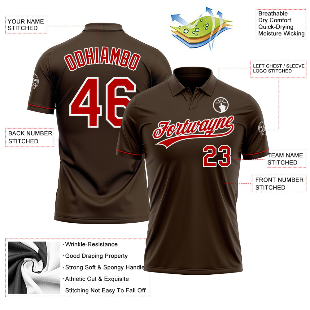 Custom Brown Red-White Performance Vapor Golf Polo Shirt view 3