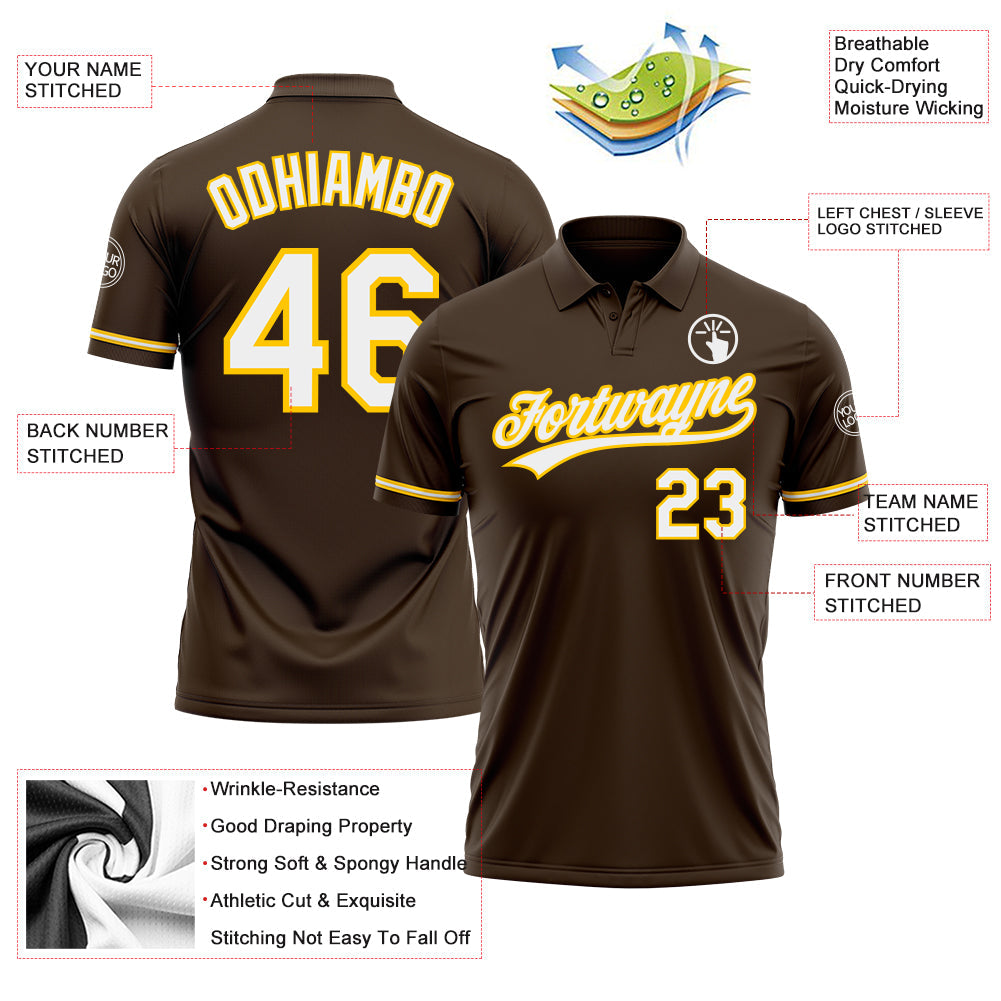 Custom Brown White-Yellow Performance Vapor Golf Polo Shirt view 3