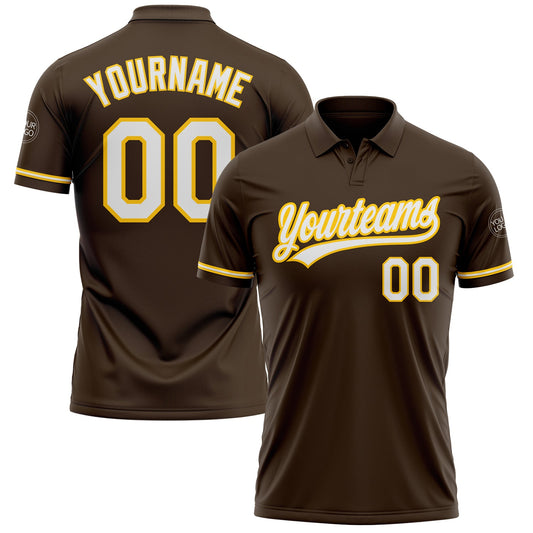 Custom Brown White-Yellow Performance Vapor Golf Polo Shirt - Main View