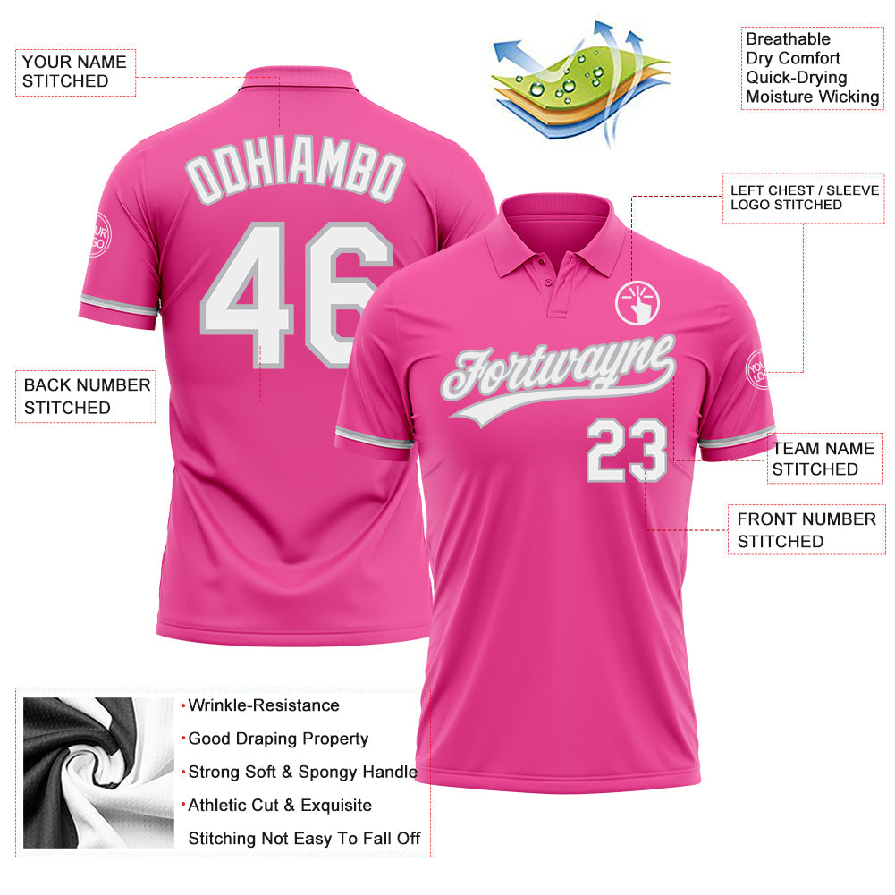 Custom Pink White-Gray Performance Vapor Golf Polo Shirt view 3