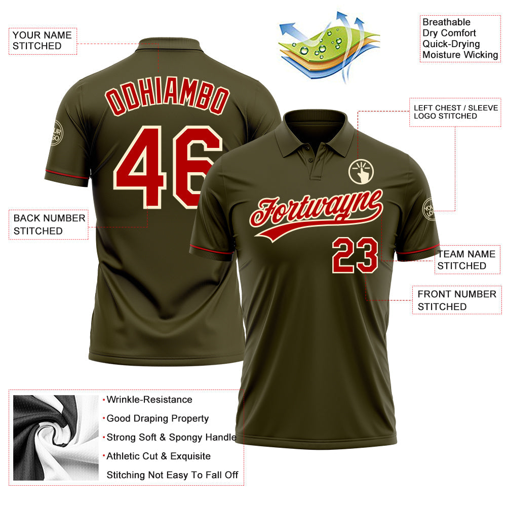 Custom Olive Red-Cream Performance Vapor Salute To Service Golf Polo Shirt view 3