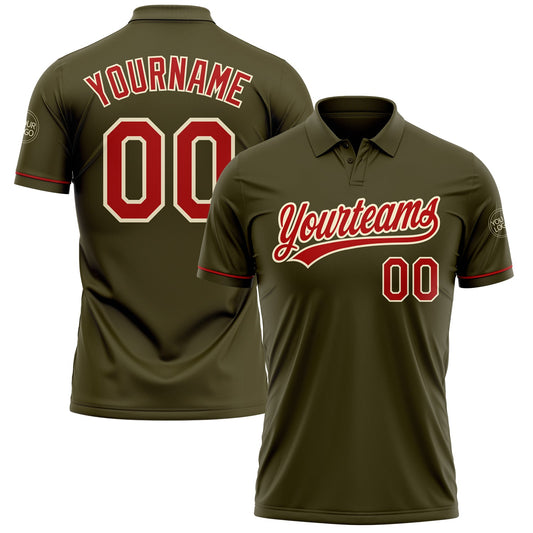 Custom Olive Red-Cream Performance Vapor Salute To Service Golf Polo Shirt - Main View