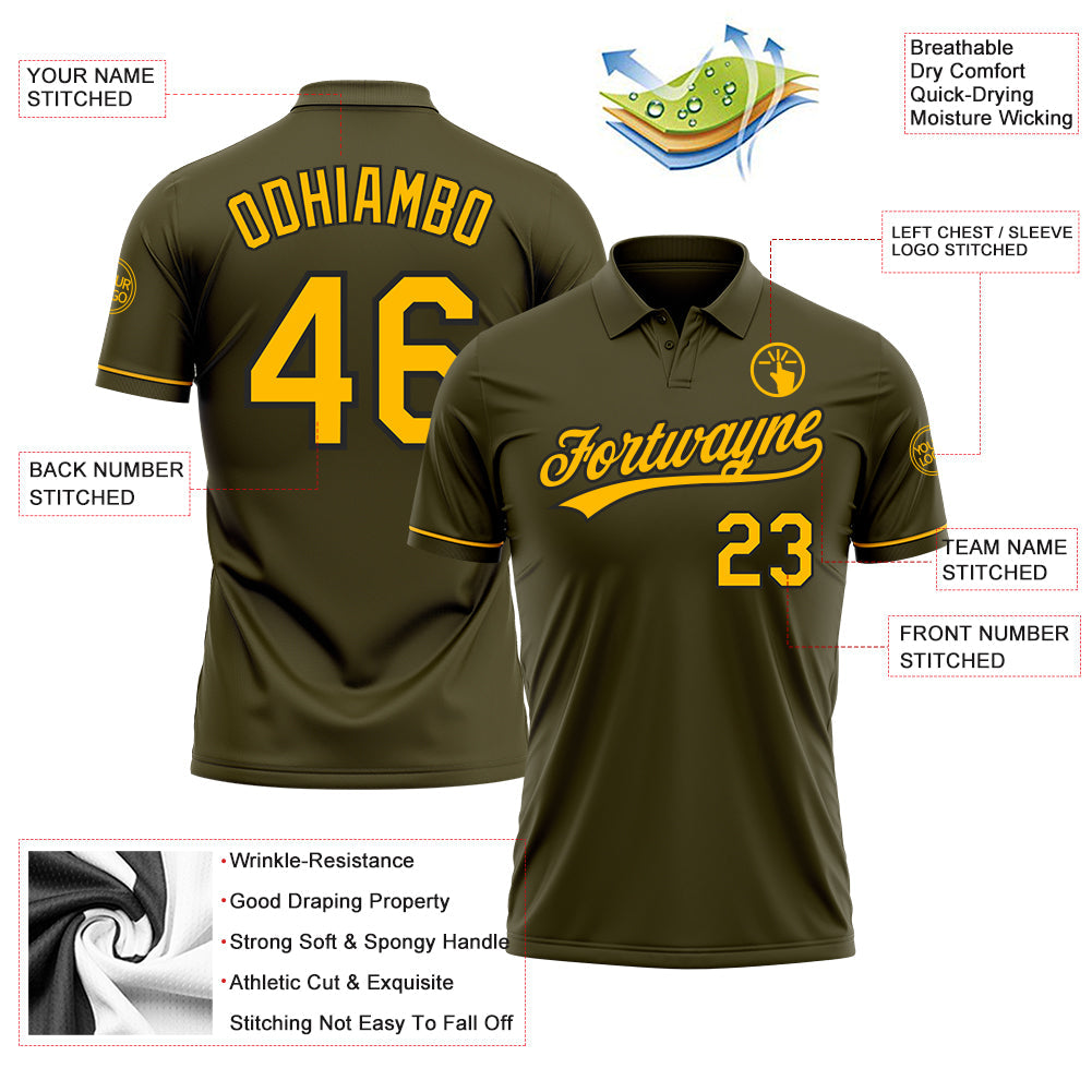 Custom Olive Gold-Black Performance Vapor Salute To Service Golf Polo Shirt view 3