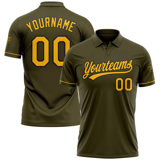 Custom Olive Gold-Black Performance Vapor Salute To Service Golf Polo Shirt - Main View