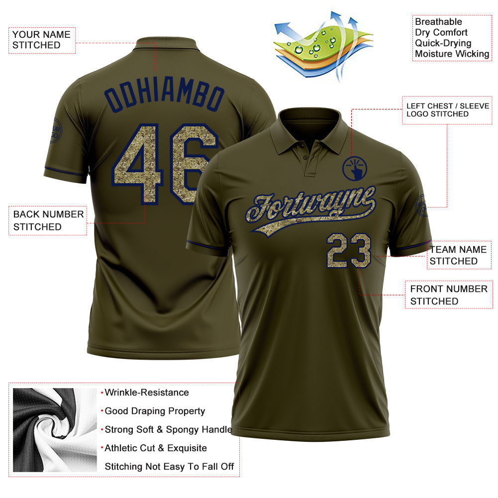 Custom Olive Camo-Navy Performance Vapor Salute To Service Golf Polo Shirt view 3