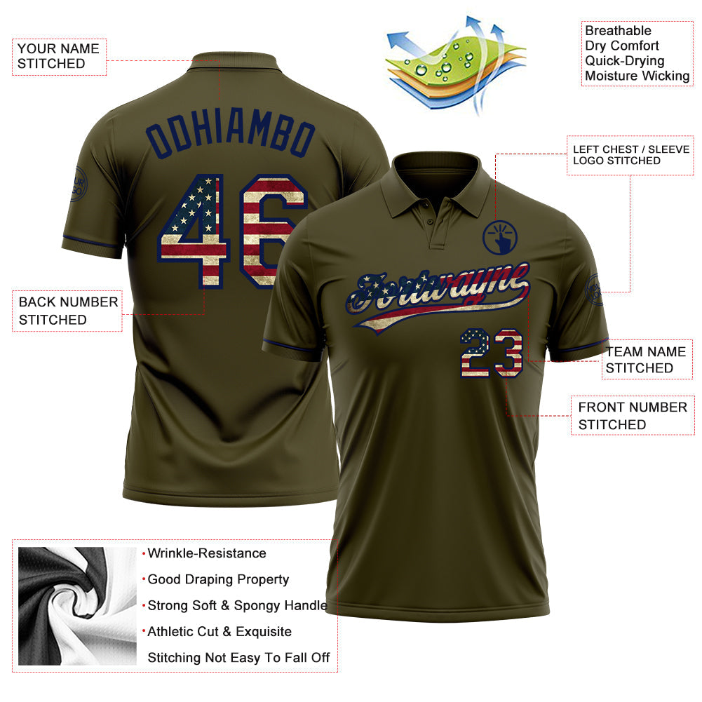 Custom Olive Vintage USA Flag-Navy Performance Vapor Salute To Service Golf Polo Shirt view 3