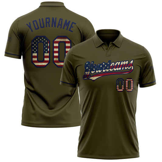 Custom Olive Vintage USA Flag-Navy Performance Vapor Salute To Service Golf Polo Shirt - Main View