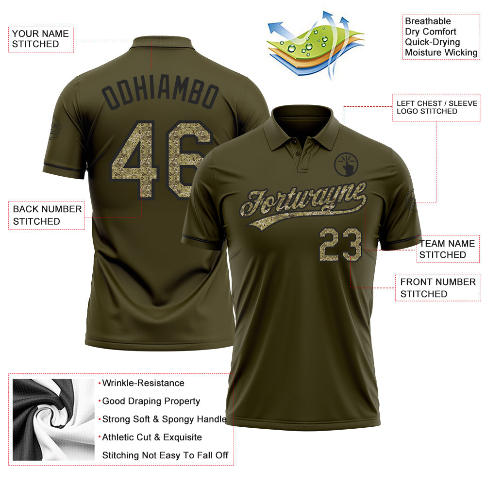 Custom Olive Camo-Black Performance Vapor Salute To Service Golf Polo Shirt view 3