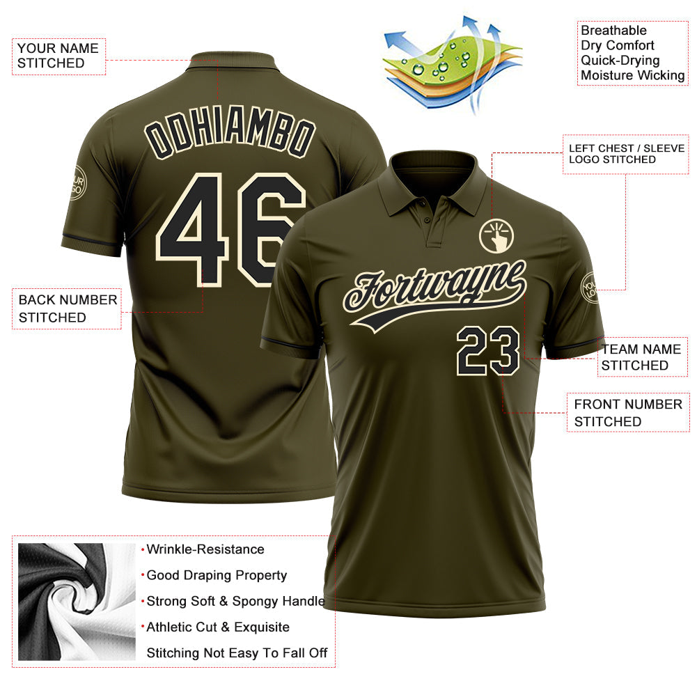 Custom Olive Black-Cream Performance Vapor Salute To Service Golf Polo Shirt view 3