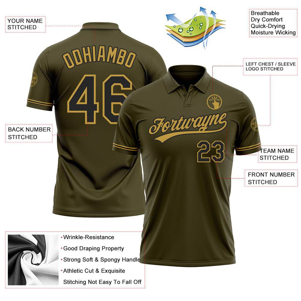 Custom Olive Black-Old Gold Performance Vapor Salute To Service Golf Polo Shirt view 3