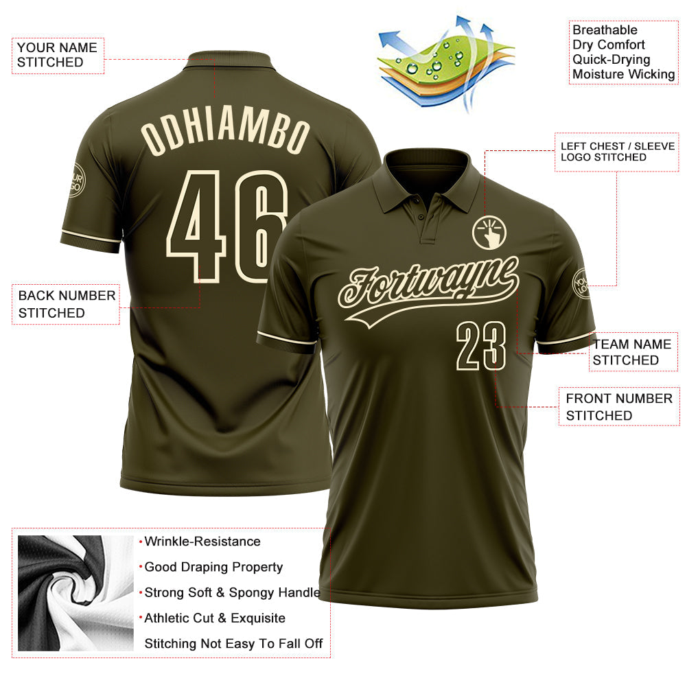 Custom Olive Cream Performance Vapor Salute To Service Golf Polo Shirt view 3
