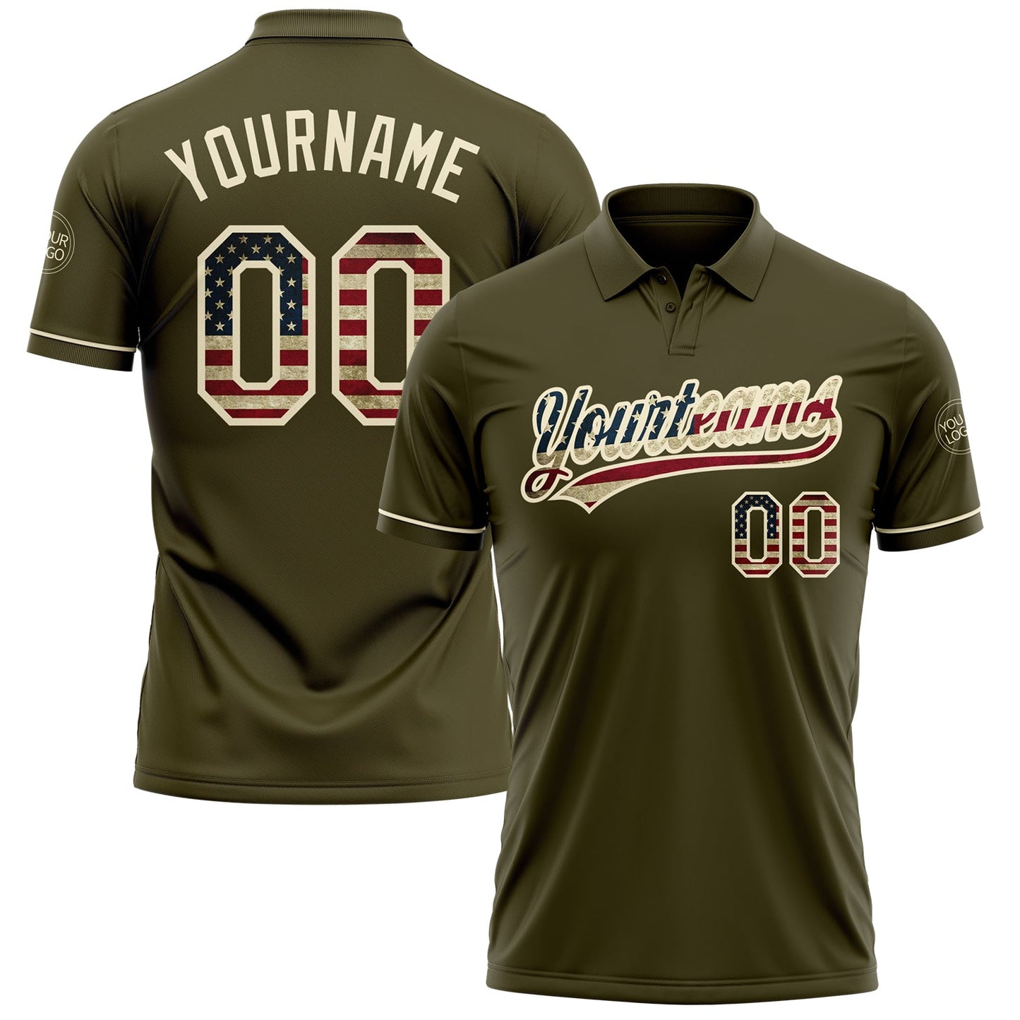 Custom Olive Vintage USA Flag-Cream Performance Vapor Salute To Service Golf Polo Shirt - Main View