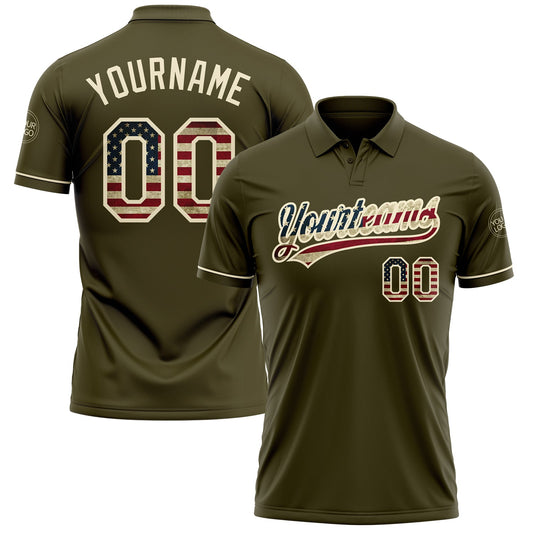 Custom Olive Vintage USA Flag-Cream Performance Vapor Salute To Service Golf Polo Shirt - Main View