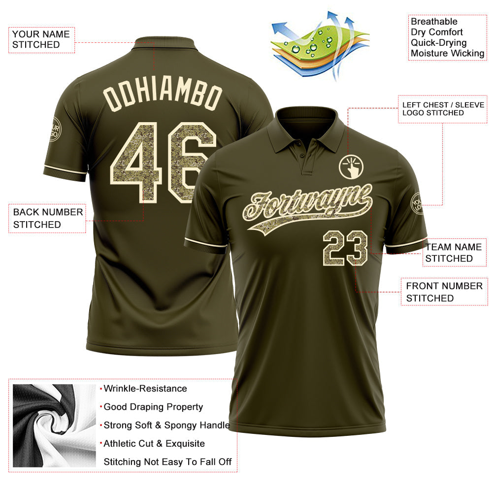 Custom Olive Camo-Cream Performance Vapor Salute To Service Golf Polo Shirt view 3
