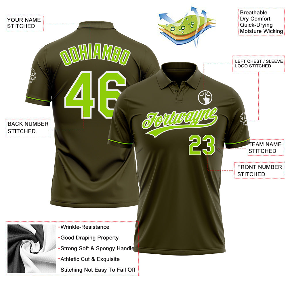Custom Olive Neon Green-White Performance Vapor Salute To Service Golf Polo Shirt view 3