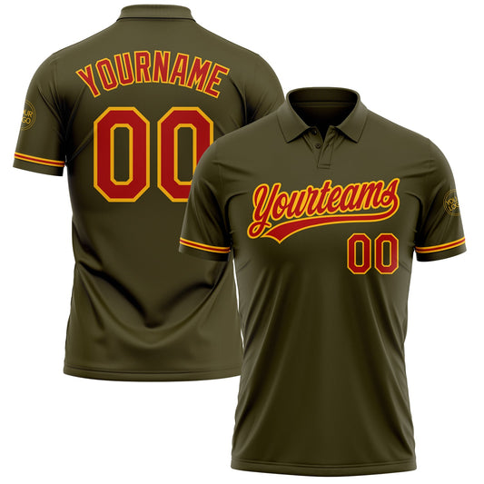 Custom Olive Red-Gold Performance Vapor Salute To Service Golf Polo Shirt - Main View