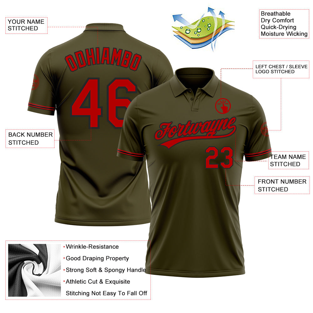 Custom Olive Red-Black Performance Vapor Salute To Service Golf Polo Shirt view 3