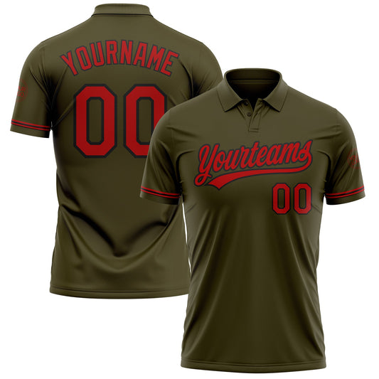 Custom Olive Red-Black Performance Vapor Salute To Service Golf Polo Shirt - Main View