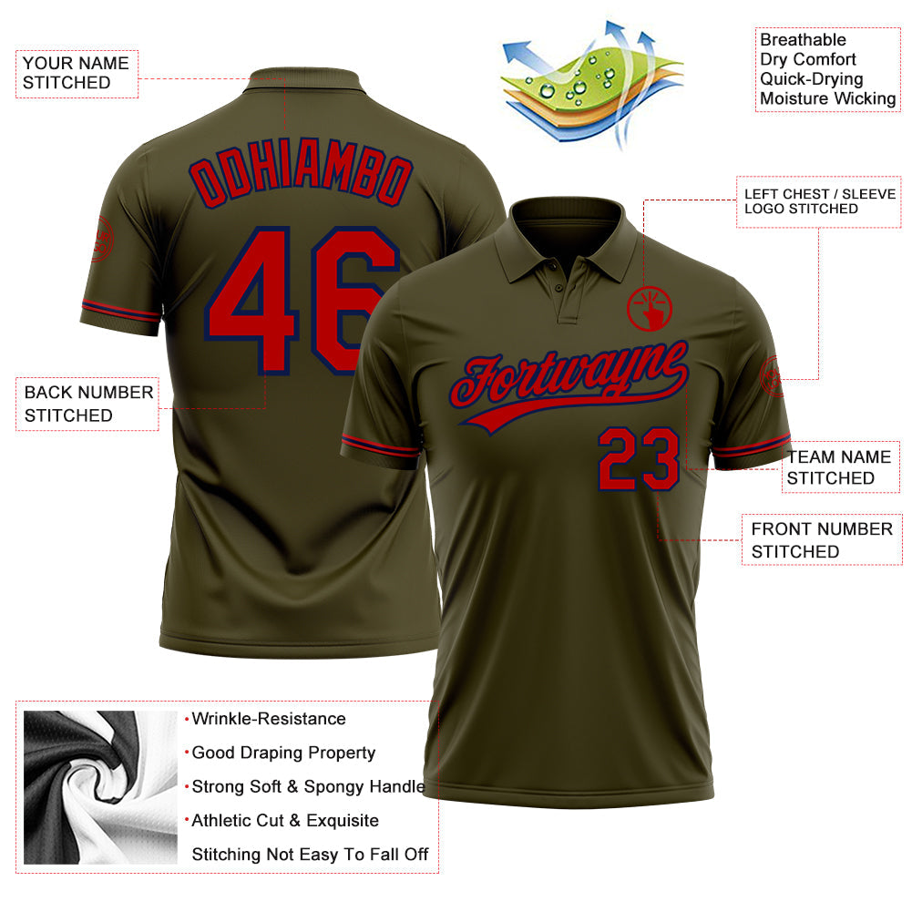 Custom Olive Red-Navy Performance Vapor Salute To Service Golf Polo Shirt view 3