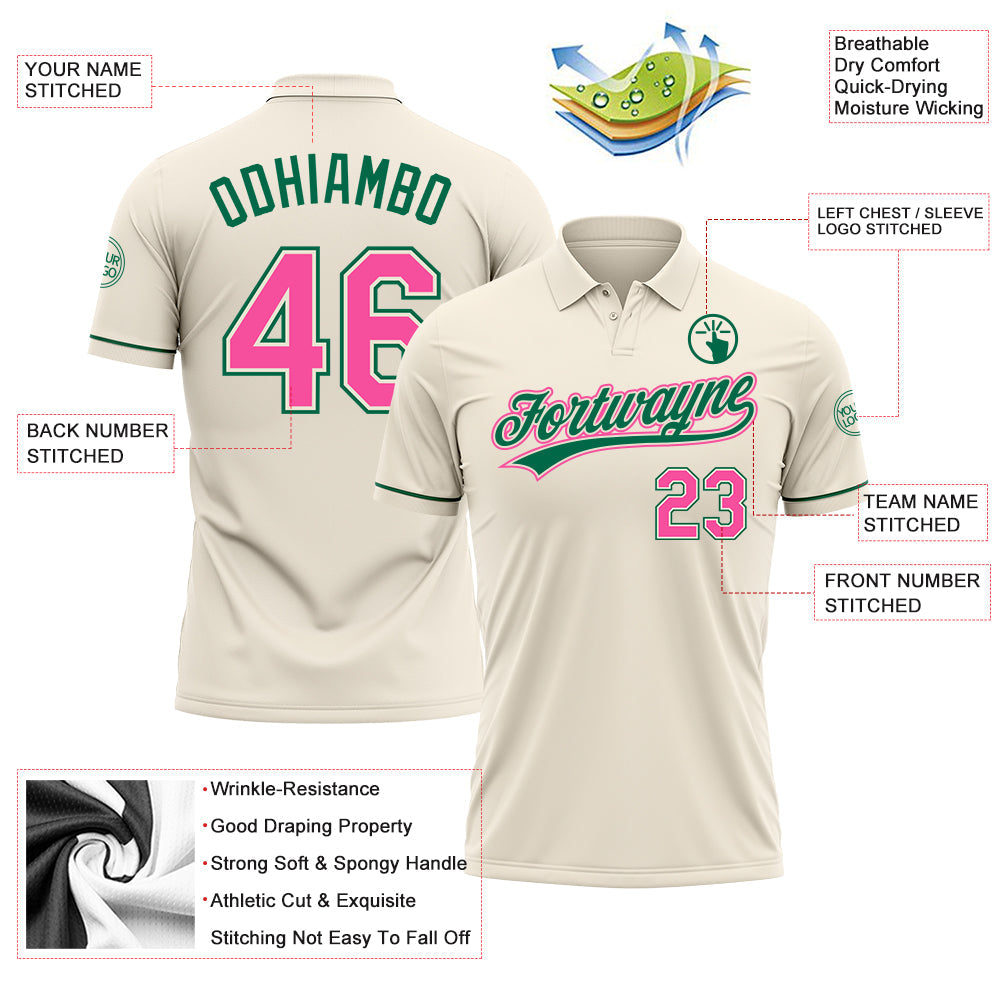 Custom Cream Pink-Kelly Green Performance Vapor Golf Polo Shirt view 3