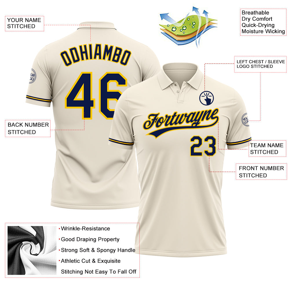 Custom Cream Navy-Yellow Performance Vapor Golf Polo Shirt view 3