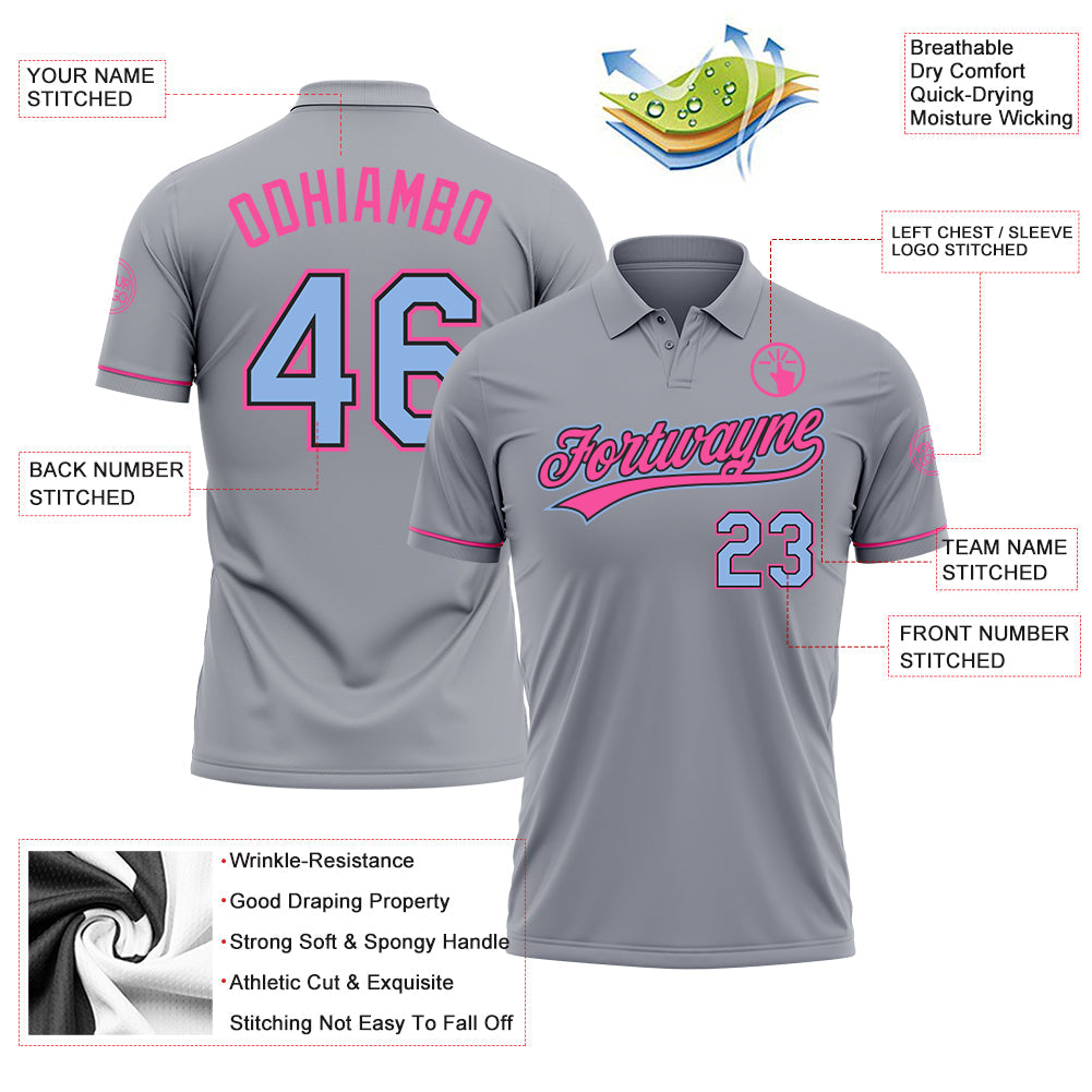 Custom Gray Light Blue Black-Pink Performance Vapor Golf Polo Shirt view 3
