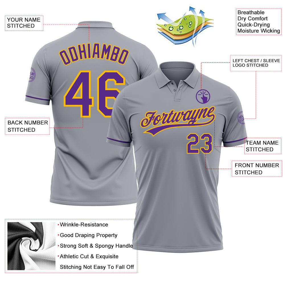 Custom Gray Purple-Gold Performance Vapor Golf Polo Shirt view 3