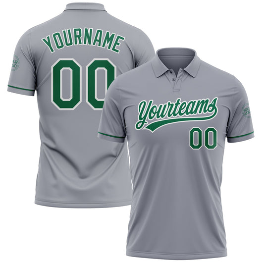 Custom Gray Kelly Green-White Performance Vapor Golf Polo Shirt - Main View