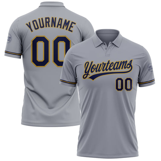 Custom Gray Navy-Old Gold Performance Vapor Golf Polo Shirt - Main View