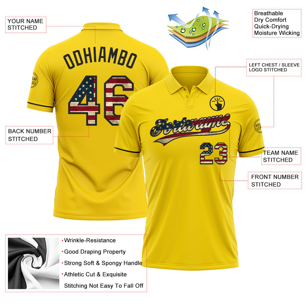 Custom Yellow Vintage USA Flag-Black Performance Vapor Golf Polo Shirt view 3