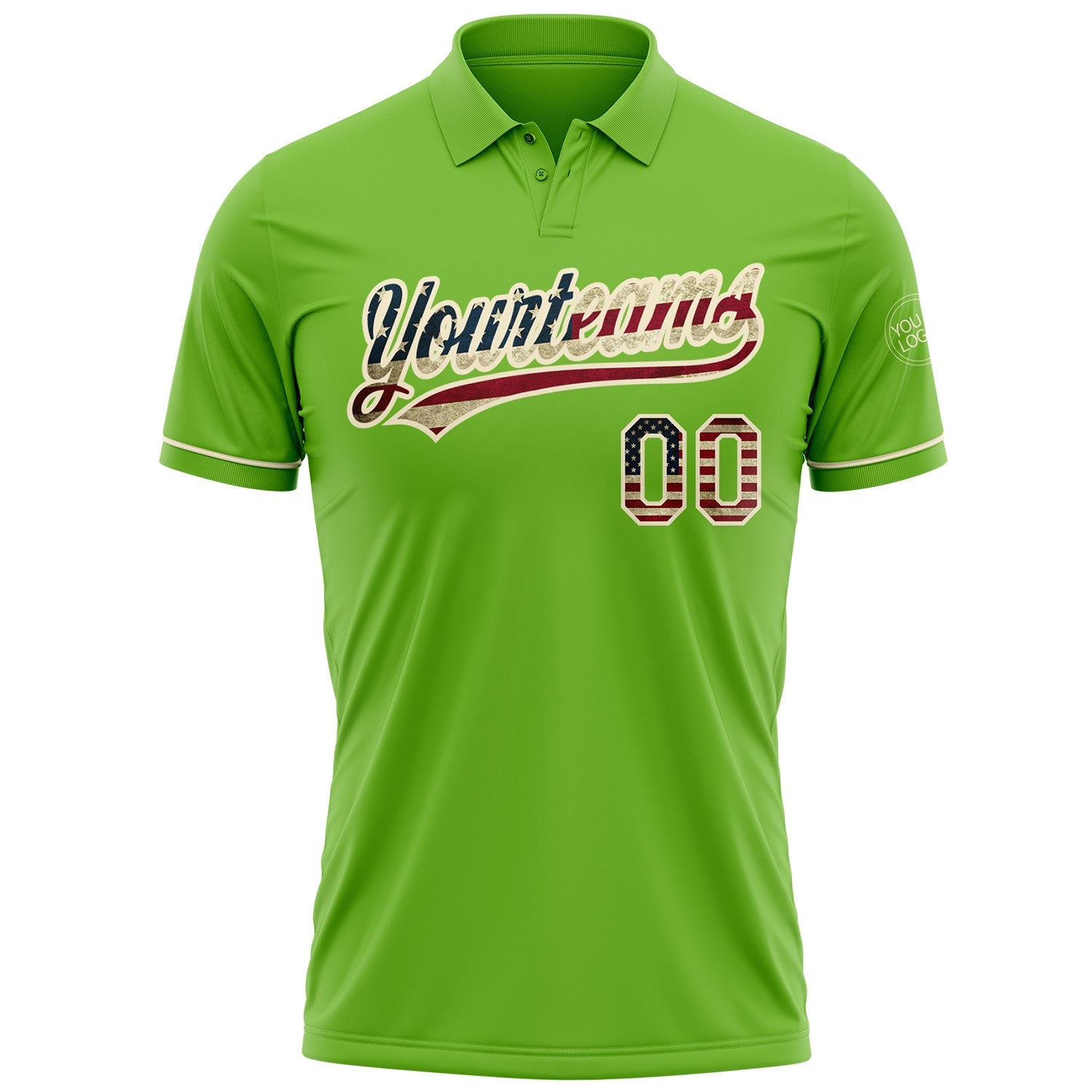 Custom Neon Green Vintage USA Flag-Cream Performance Vapor Golf Polo Shirt view 2