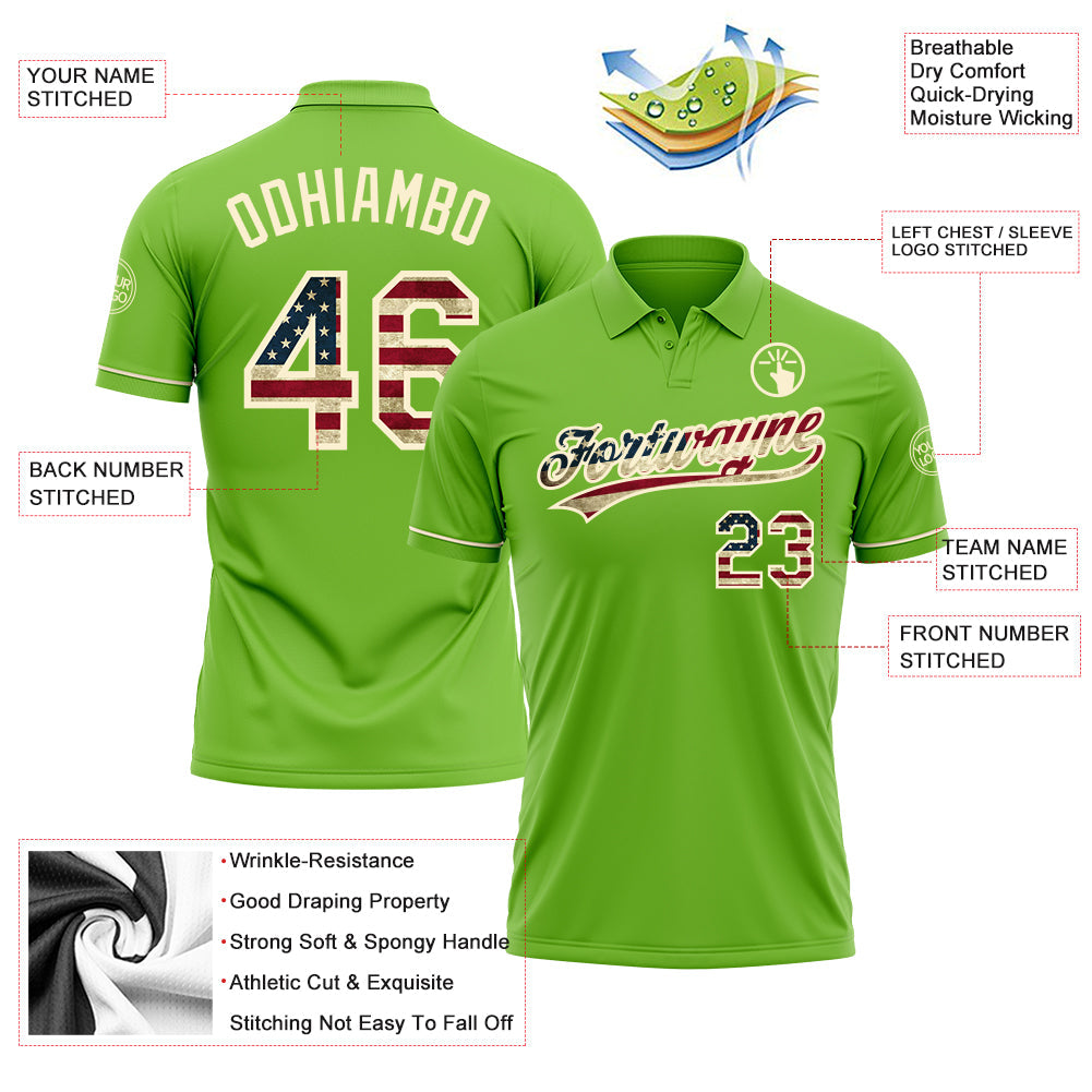 Custom Neon Green Vintage USA Flag-Cream Performance Vapor Golf Polo Shirt view 3