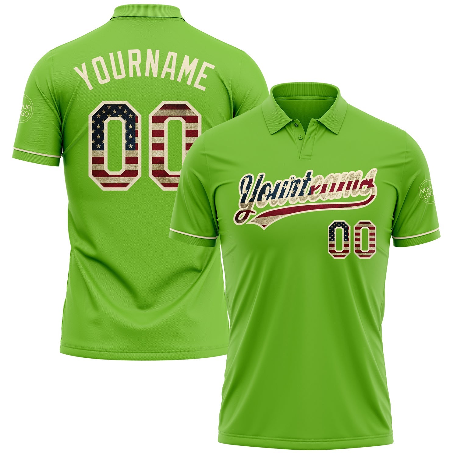 Custom Neon Green Vintage USA Flag-Cream Performance Vapor Golf Polo Shirt - Main View
